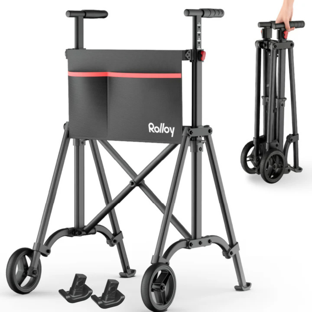 The Rolloy Ultra-Compact Master Bariatric Walker with 2 wheels features a lightweight, folding design, a labeled fabric pouch, removable footrests, and folds flat for compact storage as shown in the inset.